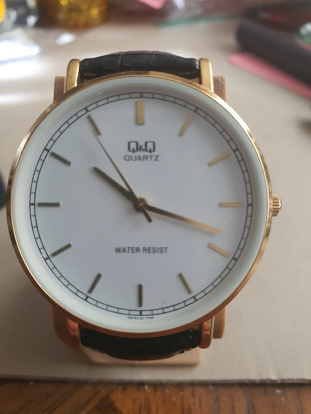 Q&Q Goldtone/White Leather Men's Watch